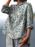 Women’s Floral Art Print Casual Cotton And Linen Shirt