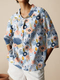 Women’s Floral Art Print Casual Linen Cotton 3/4 Sleeve Shirt Multicolor / S