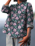 Midnight Camellia Floral Pattern Printed Women’s Casual Cotton And Linen Shirt