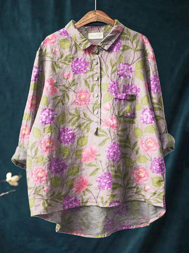 Women’s Floral Art Print Casual Cotton And Linen Shirt Multicolor / S