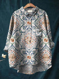 Women’s Retro Tile Print Casual Cotton And Linen Shirt Multicolor / S