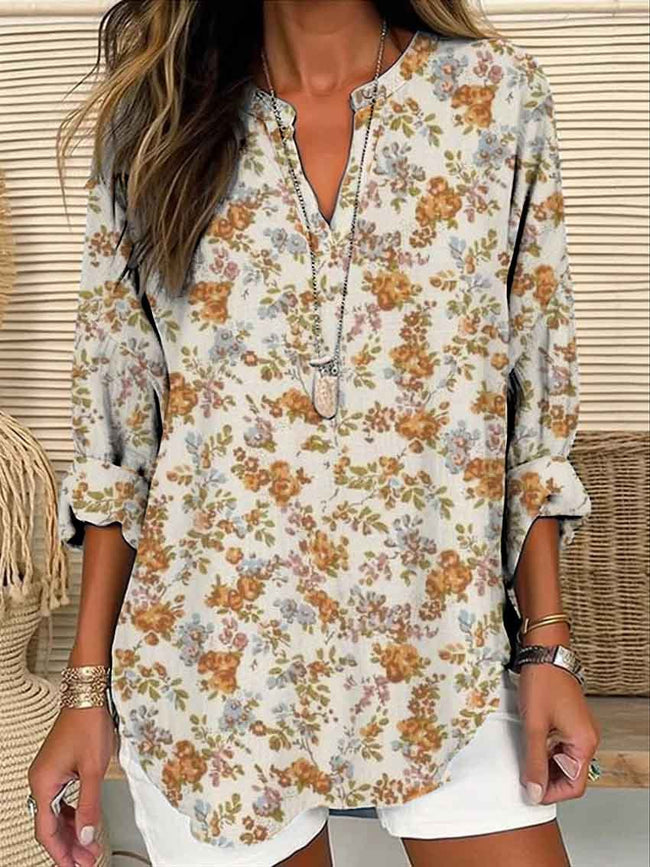 Women’s Yellow Floral Print Casual Linen V-Neck Shirt Multicolor / S