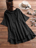 Women’s Plaid Cotton And Linen Button Down Long Tunic Shirt Black(Shortsleeve) / M