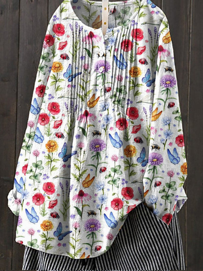 Women’s Flower Art Print Casual Cotton And Linen Shirt Multicolor / S