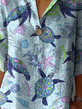 Sea Turtle And Coral Reef Pattern Printed Women’s Casual Cotton Linen Shirt