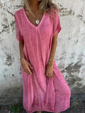 Stylish Cotton And Linen V-Neck Dress Pink / Xs