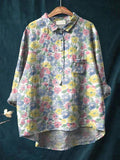 Watercolor Style Blurred Floral Pattern Printed Women’s Casual Cotton And Linen Shirt Multicolor / S