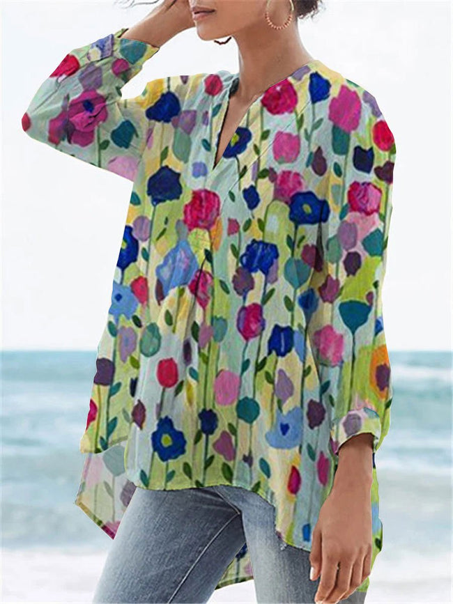 Women’s Flower Print Casual Linen V-Neck Shirt Multicolor / S