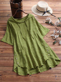 Women’s Plaid Cotton And Linen Button Down Long Tunic Shirt Lightgreen(Shortsleeve) / M