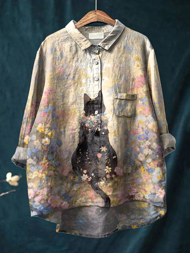 Women’s Beautiful Little Black Cat Print Casual Cotton And Linen Shirt Multicolor / S