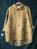 Petite Woodland Animals Pattern Printed Women’s Casual Cotton And Linen Shirt Yellow / S