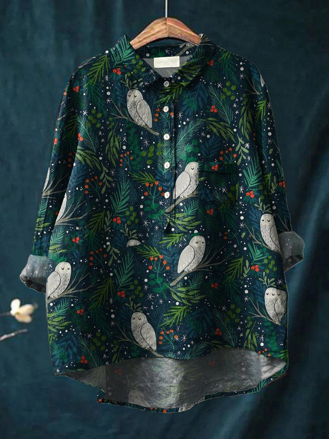 Women’s Floral Owl Art Print Casual Cotton And Linen Shirt Multicolor / S