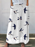 Flying Swallow Repeat Pattern Printed Women’s Linen Pocket Skirt