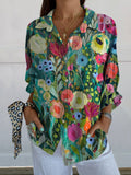 Women’s Vintage Flower Print Casual Linen V-Neck Shirt Multicolor / S