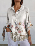 Bird And Flowers Women’s Print Casual Linen V-Neck Shirt Multicolor / S