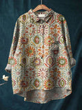 Women’s Vintage Ethnic Floral Art Print Casual Cotton And Linen Shirt Multicolor / S