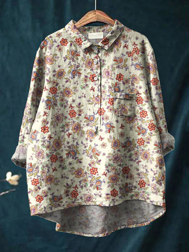 Women’s Floral Art Print Casual Cotton And Linen Shirt Multicolor / S