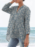 Spring Vines Pattern Printed Women’s Casual Linen V-Neck Shirt Blue / S