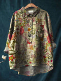 Women’s Vintage Vase Art Print Casual Cotton And Linen Shirt Multicolor / S