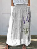 Watercolor Lavender Floral Printed Women’s Linen Pocket Skirt