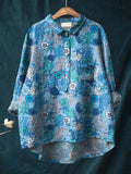 Sea Creatures And Coral Reef Pattern Printed Women’s Casual Cotton Linen Shirt Blue / S