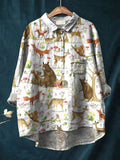 Women’s Vintage Lovely Woodland Animals Art Print Casual Cotton And Linen Shirt Multicolor / S