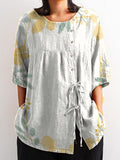 Women’s Cute Leaf Vintage Print Casual Cotton Linen Shirt Multicolor / S