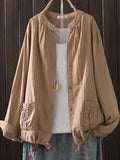 Women’s Retro Style Cotton Yarn Solid Color Jacket Khaki / Onesize