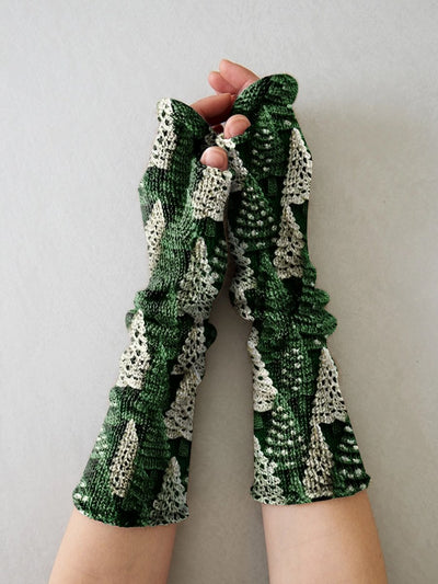 Christmas Tree Green White Print Casual Knit Gloves, Leg Sets,Hat