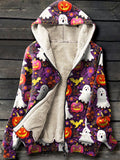 Ghost Pumpkin Halloween Art Print Waffle Plush Thick Long-Sleeved Hooded Coat Multicolor / S