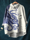 Women’s Deep Sea Octopus Tentacles Art Print Casual Cotton And Linen Shirt Multicolor / S