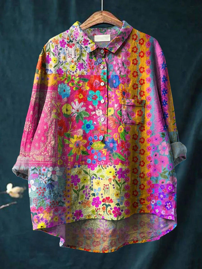 Women’s Flower Art Print Casual Cotton And Linen Shirt Multicolor / S