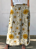 Women’s Lovely Sunflowers Bee Art Printed Linen Pocket Skirt