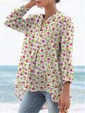 Small Pink Summer Floral Pattern Printed Women’s Casual Linen V-Neck Shirt Multicolor / S