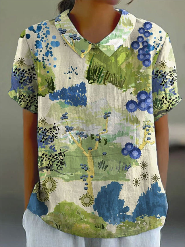 Women’s Flower Print Casual Cotton And Linen Shirt Multicolor / S