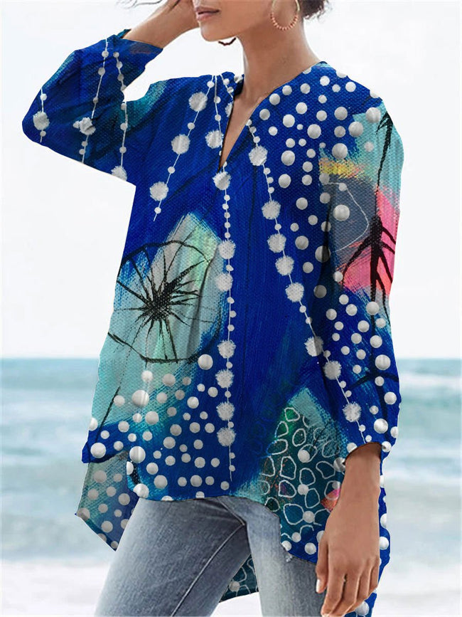 Women’s Flower Print Casual Linen V-Neck Shirt Multicolor / S