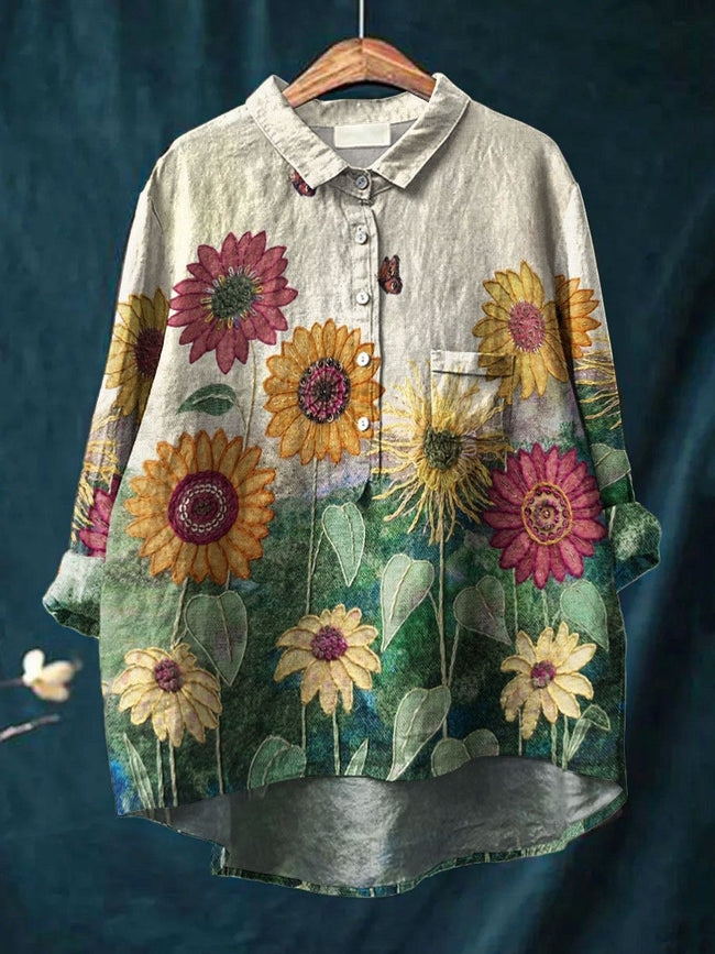 Women’s Vintage Flower Art Print Casual Cotton And Linen Shirt Multicolor / S