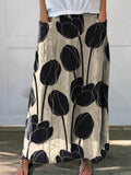 Women’s Vintage Lovely Tulips Art Printed Linen Pocket Skirt