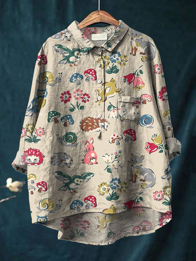 Women’s Retro Art Print Casual Cotton And Linen Shirt Multicolor / S