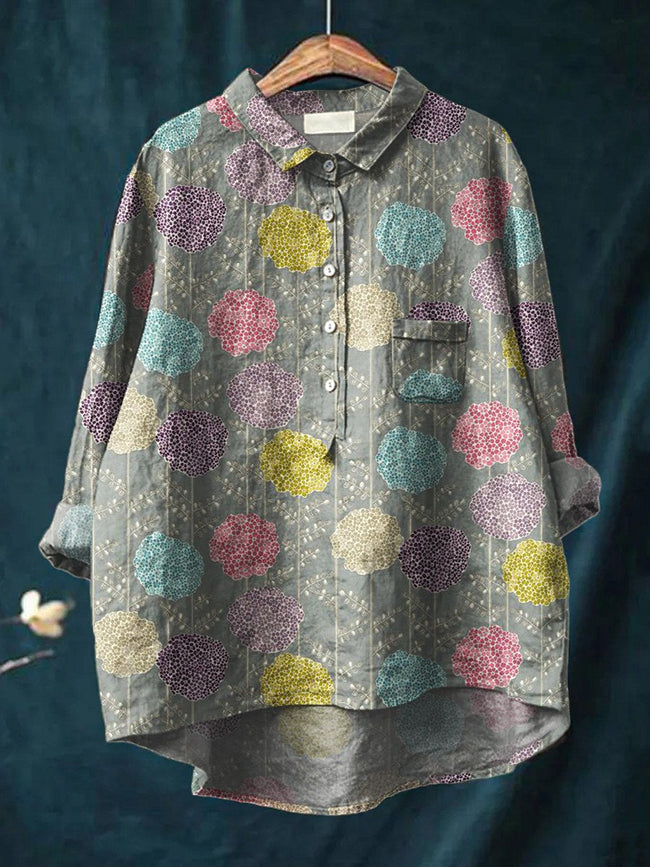 Women’s Floral Art Print Casual Cotton And Linen Shirt Multicolor / S