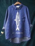 Sardine Fish Graphic Printed Women’s Casual Cotton And Linen Shirt Blue / S