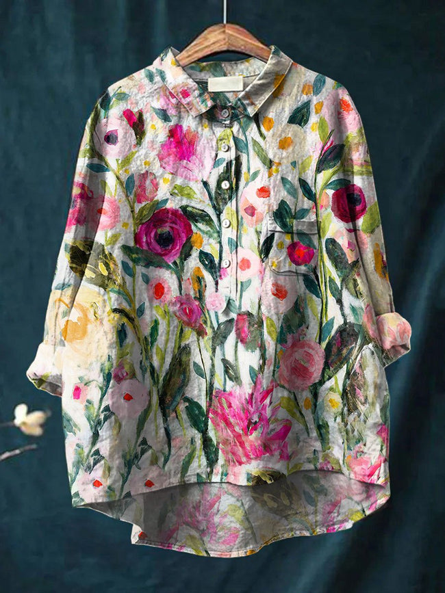 Women’s Flower Print Casual Cotton And Linen Shirt Multicolor / S