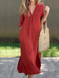 Women’s Solid Color V-Neck Linen Pocket Dress