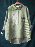 Stripes Pattern Printed Women’s Casual Cotton And Linen Shirt Green / S