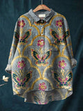 Vintage Lovely Butterflies Art Print Casual Cotton And Linen Shirt Multicolor / S