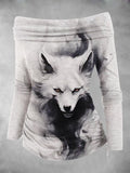 Women's Watercolor Fox Fall Art Print Off Shoulder Foldover Cinched Top