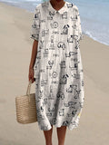 Women’s Cute Dog Print V Neck Vintage Linen Loose Dress Multicolor / S