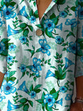 Summer Tropical Blue Floral Pattern Printed Women’s Casual Cotton Linen Shirt