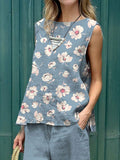 Women’s Flower Art Print Tank And Casual Pants Linen Cotton Suit