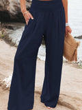 Women’s Cotton And Linen Elasticated Waist-Waisted Wide-Leg Pants Navy Blue / S